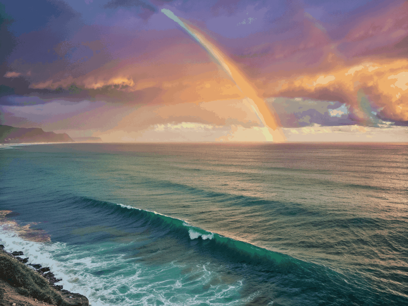 Dual violet-to-gold luminous spectral-light gradient representing despair and hope